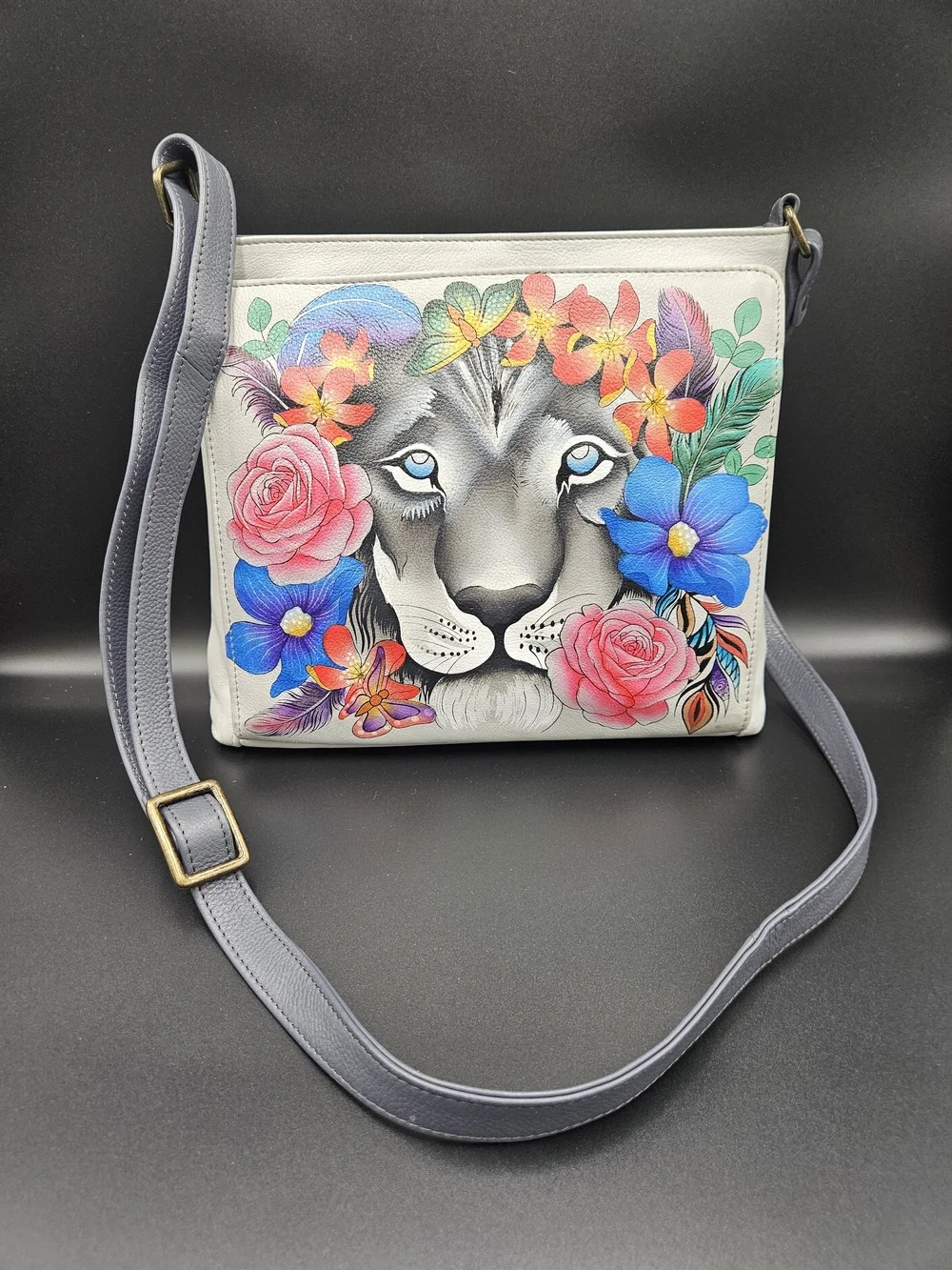 Anuschka Gray Crossbody with Colorful Floral Lion Motif